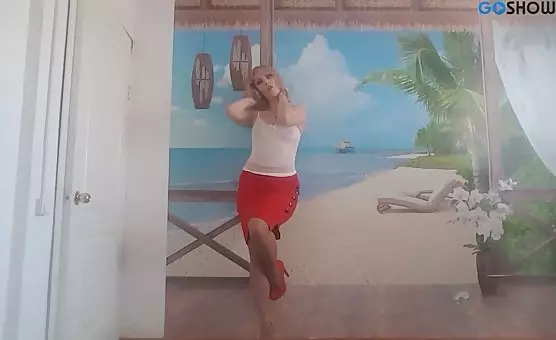 Blonde MILF in Red Skirt and Tan Stockings Teases with Awesome Fingering Sessions